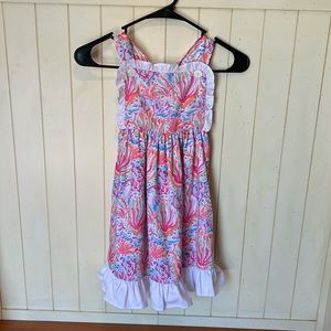 Smocking bird bright corals girls size 5 apron style dress